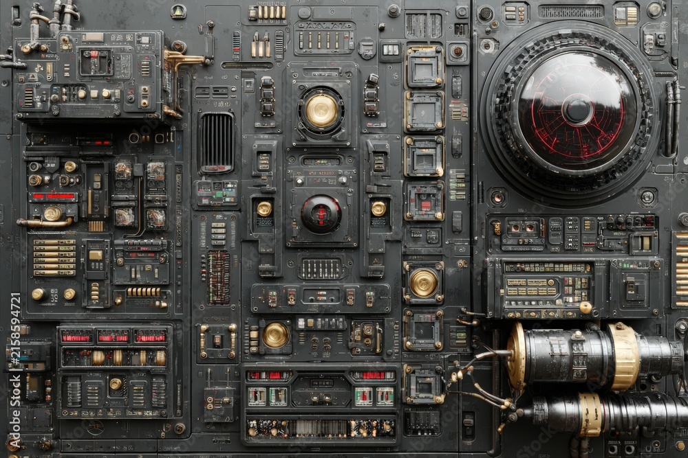 Fototapeta premium Detailed control panel featuring various buttons, dials, and screens in a dark metallic finish, showcasing intricate design and technology elements for industrial applications