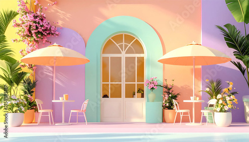 Pastel Tropical Cafe Exterior With Arched Door