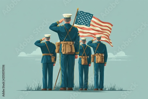 Four military personnel in uniform salute while holding an American flag against a light blue background with clouds and grass visible in the foreground