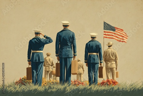 Group of military personnel in uniform standing with suitcases, saluting in front of an American flag, surrounded by colorful flowers in a grassy field