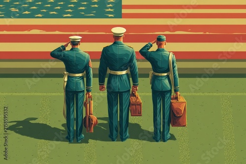 Three military personnel in formal uniforms salute against a large American flag backdrop, holding briefcases, standing on a grassy field with a patriotic color scheme