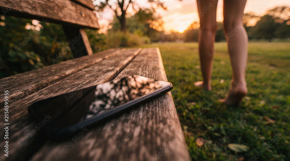 Fototapeta premium Low Angle View of Unplugged Smartphone on Bench with Person Walking Barefoot