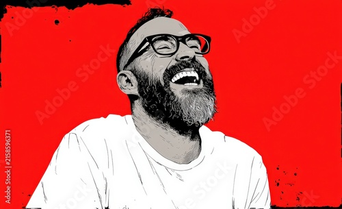 Illustration of a smiling man with glasses and a beard, wearing a white shirt against a vibrant red background, showcasing a joyful expression and engaging demeanor