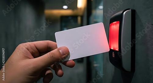 Person swiping blank white access card at electronic security door reader