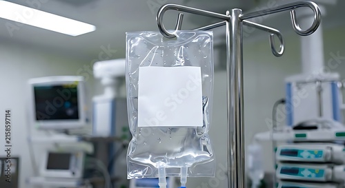 Medical iv drip bag hanging on a metal pole inside a hospital room with infusion