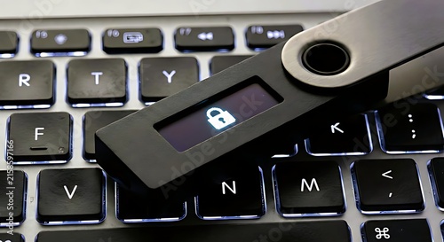 Cryptocurrency hardware security wallet resting on laptop keyboard with hardware