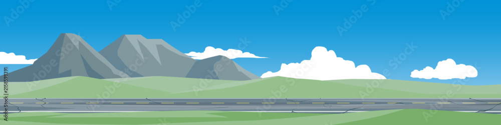 Fototapeta premium Horizontal of features a peaceful landscape banner with rolling green hills. Majestic mountains a wide asphalt road and fluffy white clouds under a bright blue sky. For banner background.