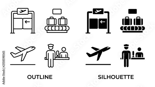 Airport Icons: A set of minimalist icons depicting airport procedures, including baggage claim, check-in, and airplane departure, presented in both outline and silhouette styles.
