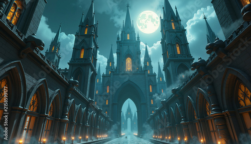 gothic architecture with towering spires and a full moon illuminating the night sky, concept fantasy world