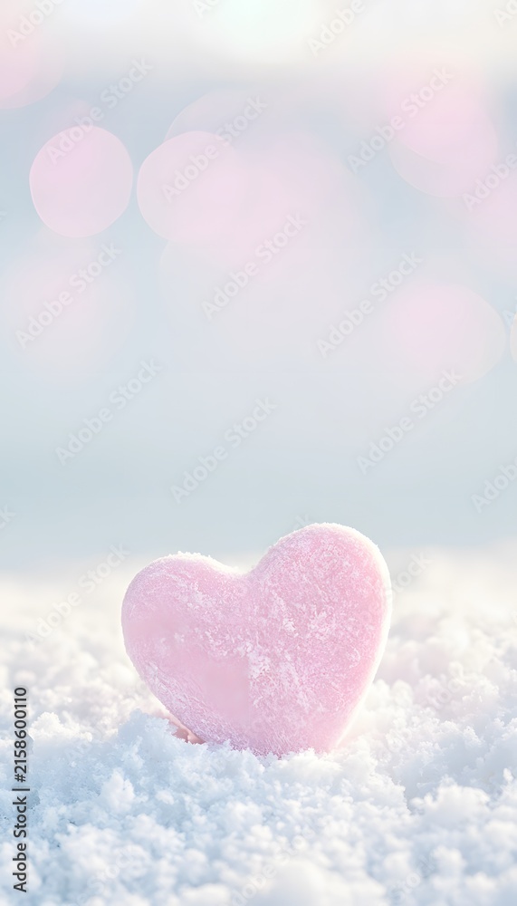 Fototapeta premium Pink frosted heart on snow evokes cozy winter romance a delicate pastel illustration perfect for heartfelt designs