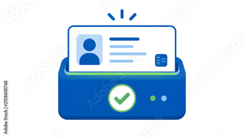 digital identity card inserting into a blue scanner machine with a green checkmark verification symbol on a white background vector illustration