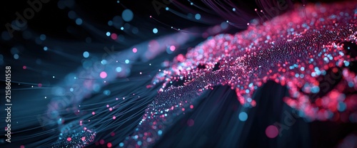 Abstract digital representation of a global map with vibrant pink and blue particles, illustrating interconnectedness and data flow across continents and regions