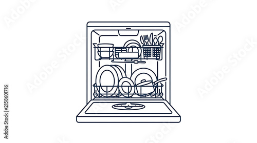 Minimalist line art illustration featuring open dishwasher loaded with clean kitchenware