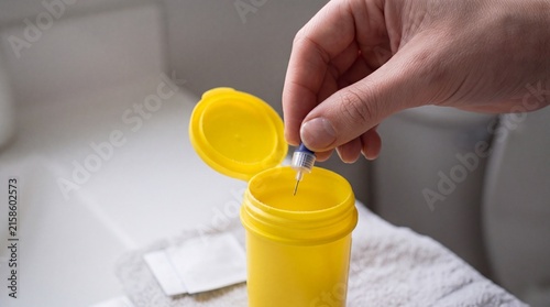 Hand dropping a used injection needle into a yellow sharps disposal container. Safe medical waste management at home. Healthcare safety concept