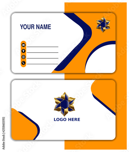 Modern corporate business card layout template with dynamic blue and orange geometric shapes for professional company identity contact design