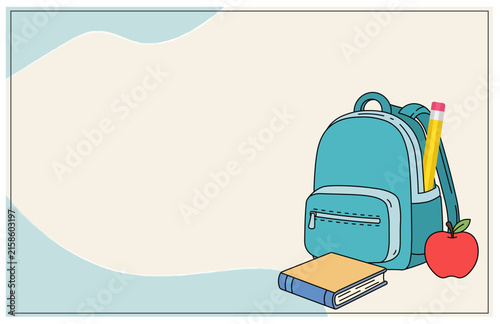 Cute back to school concept background template with blue backpack pencil book and red apple copy space for kids education poster paper design