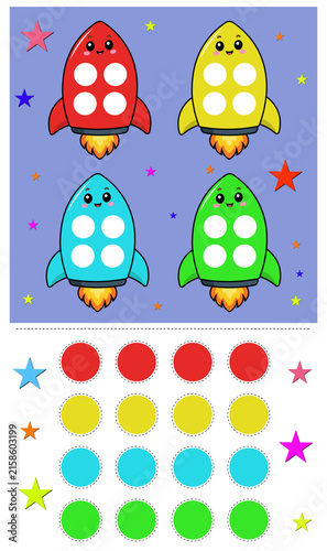 Cute colorful space rockets matching game worksheet template for back to school preschool kids logic puzzle activity educational card layout