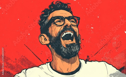Illustration of a smiling man with glasses and a beard, set against a vibrant red background with graphic elements emphasizing joy and excitement
