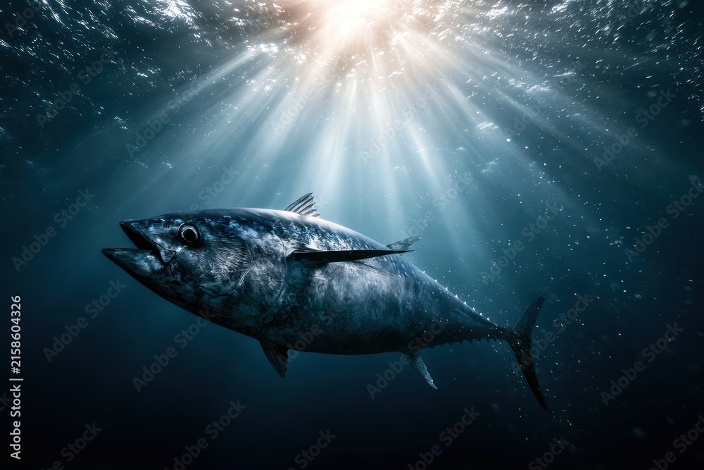 Fototapeta premium Massive tuna fish swimming in blue ocean