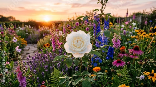White rose blooming vibrantly in a wildflower meadow at sunset.