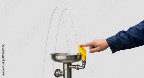 Hand activating a stainless steel emergency eyewash station with streams of water flowing