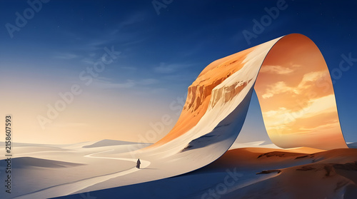 Surreal desert landscape with a bending horizon and golden sunset sky.