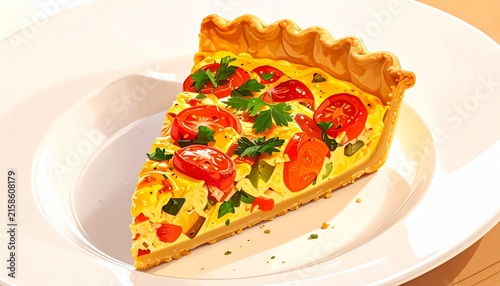 Homemade vegetable quiche slice on white plate.