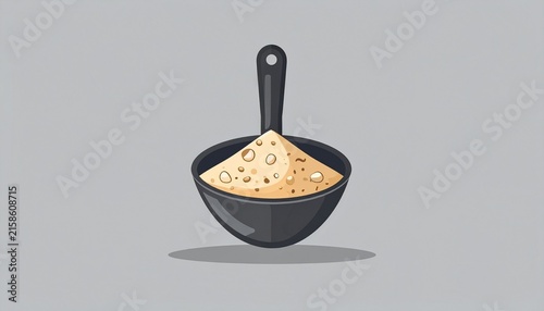 Black ladle filled with yellow spice powder isolated on gray.