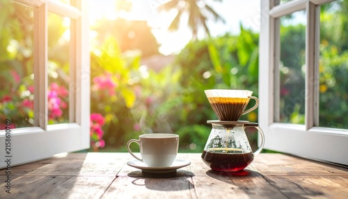 Morning coffee by the window with sunlight and greenery.