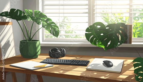 Sunlit Home Office Desk with Plants and Laptop.