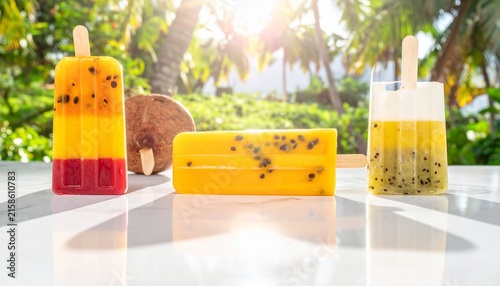 Tropical fruit popsicles and cheese on white surface outdoors.