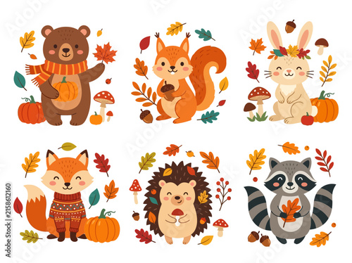 Cute autumn forest animals with fall leaves and pumpkins, including a bear, squirrel, bunny, fox, hedgehog, and raccoon.
