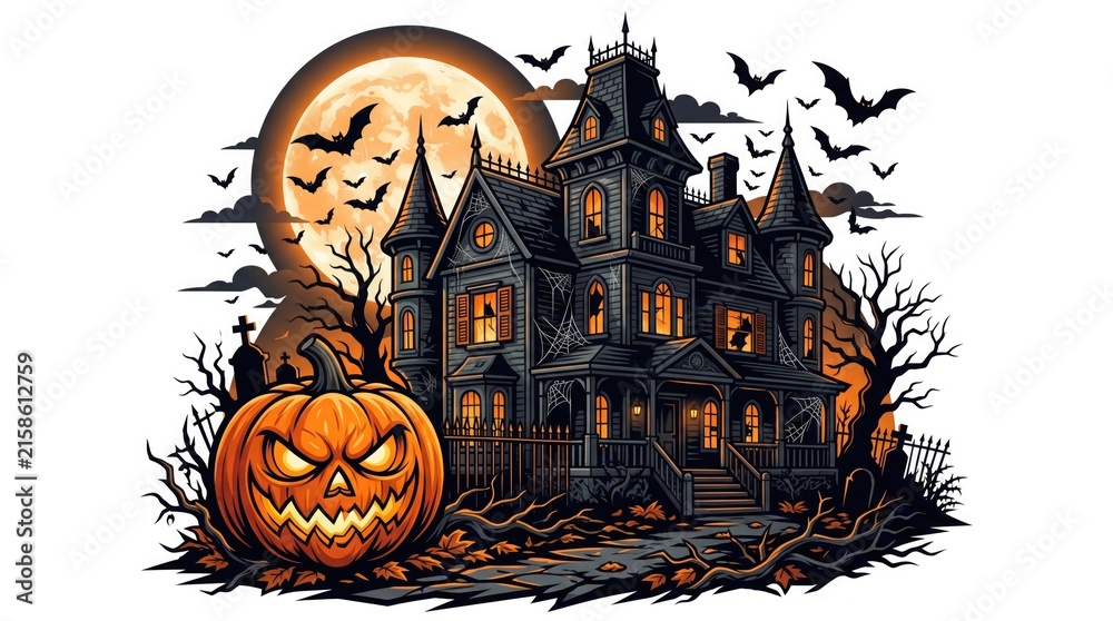 Fototapeta premium Spooky Haunted House with Evil Pumpkin Head and Flying Bats Isolated on White Background - Halloween Clipart