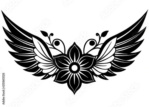 Spreading Black Wings Floral Tattoo Vector Design