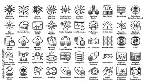 Data AI Server Monitoring and Backup Thin Line Icon Collection