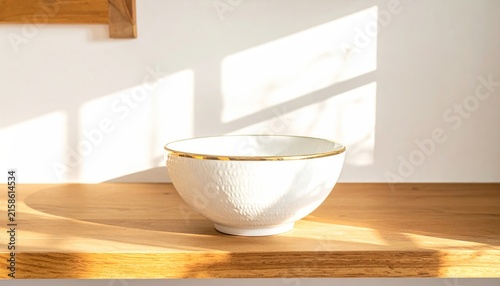 Minimalist white ceramic bowl on wooden shelf with sunlight.