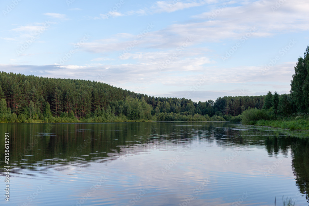 Obraz premium Calm river flows through a lush forest, reflecting trees and clouds under a clear blue sky, creating a tranquil natural scene