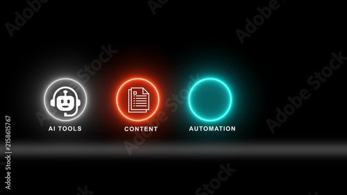 Advanced glowing icon set representing ai tools content creation automation and passive income streams for modern digital business technology concept