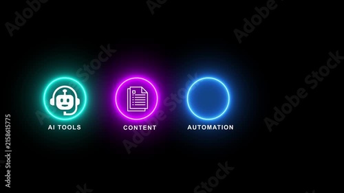 Advanced glowing icon set representing ai tools content creation automation and passive income streams for modern digital business technology concept