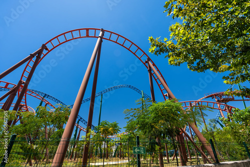 Roller coaster track in an outdoor amusement park