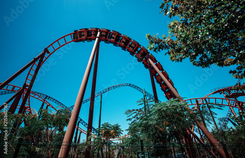 Roller coaster track in an outdoor amusement park