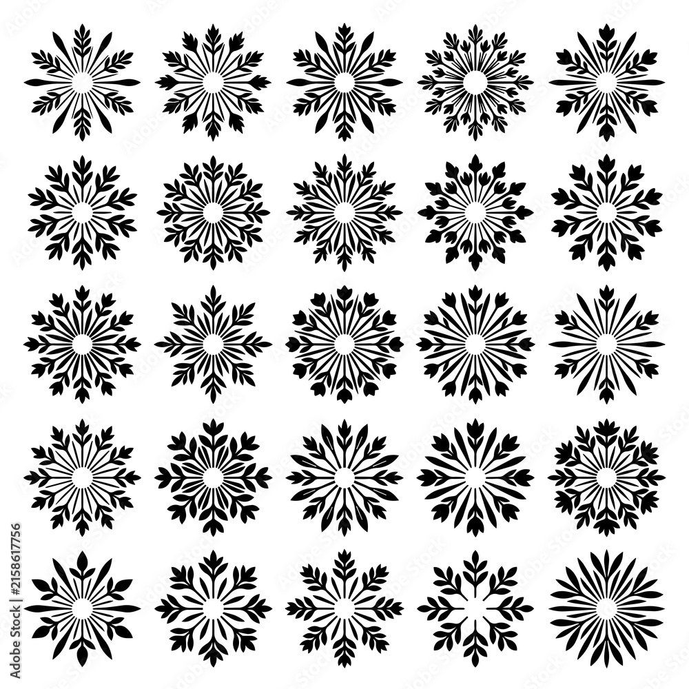 Obraz premium Twenty-five black snowflake and floral star arranged in a grid on a white background, for various and, layout applications