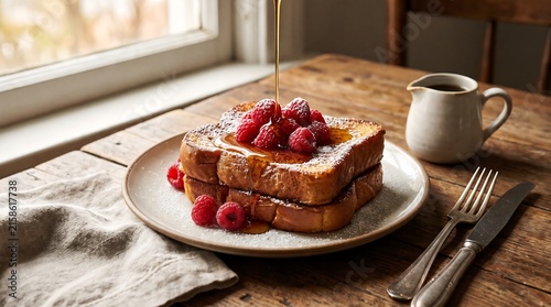 Stacked French Toast with Raspberries and Syrup breakfast