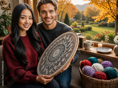 Obraz w ramie Couple holding handmade crochet lace artwork, yarn and textile craft, creative hobby, artisan craftsmanship and cozy home lifestyle