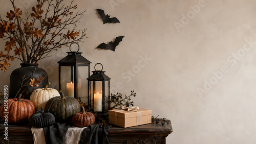 Sustainable Halloween Home Decor with Pumpkins, Candle Lanterns, Natural Branches and Copy Space