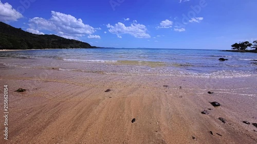 White sand beach on tropical island with turquoise water and coconut palm trees