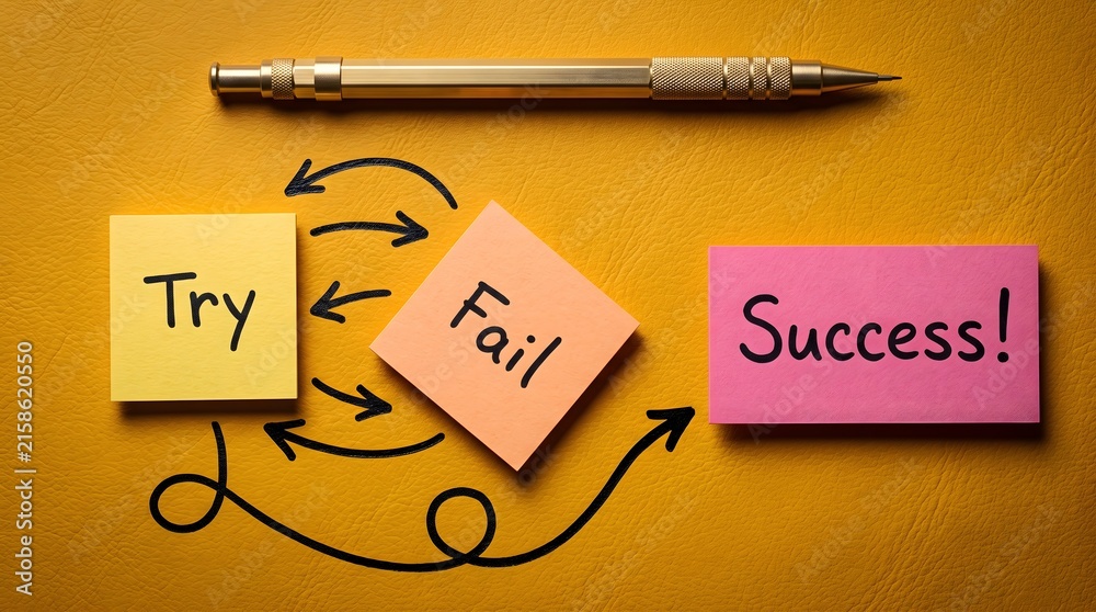 Fototapeta premium Business concept with sticky notes labeled try fail success arrows yellow background determination perseverance