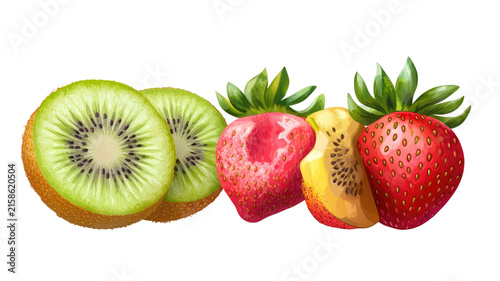 Assorted fresh tropical fruits including kiwi strawberry and golden kiwi isolated on transparent background