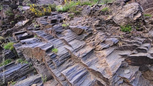 Fractured mountain rock face with weathered stone and small plants