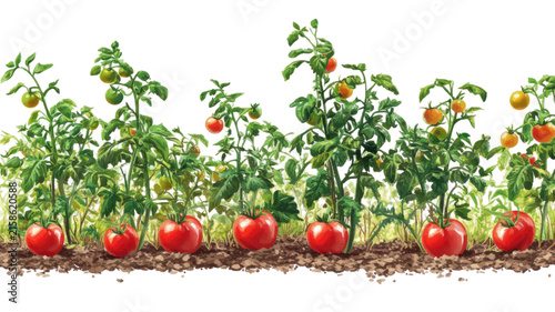 Tomato plants with ripe red tomatoes growing in garden soil isolated on transparent background